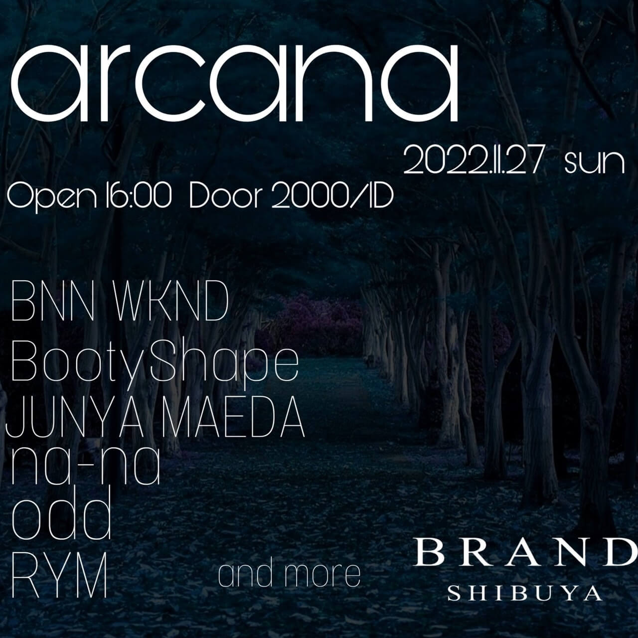 arcana 2022年11月27日（日曜日）に渋谷 クラブのBRAND SHIBUYAで開催されるイベント